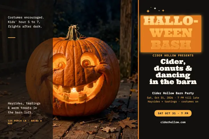 Cider Hollow Halloween barn party postcard template