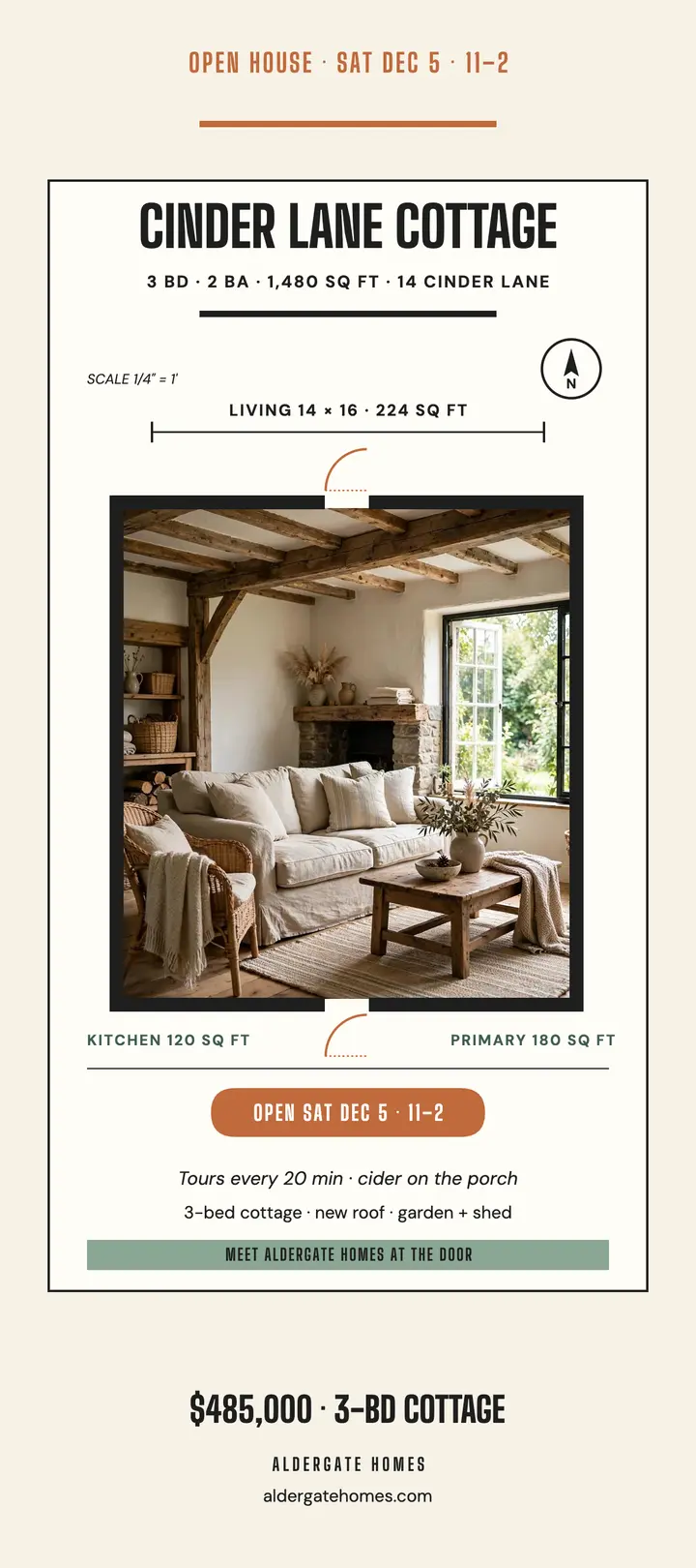 Cinder Lane cottage open house plan card template
