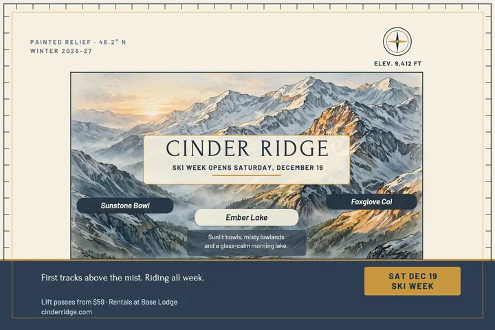 Cinder Ridge ski week postcard: ski season postcard template