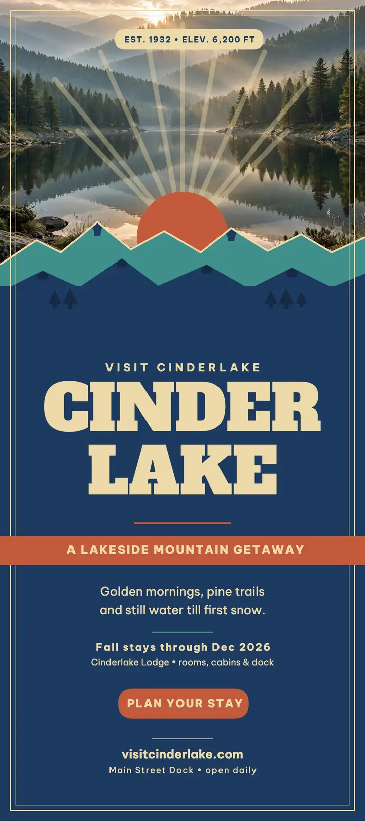 Cinderlake lakeside getaway screenprint rack card template