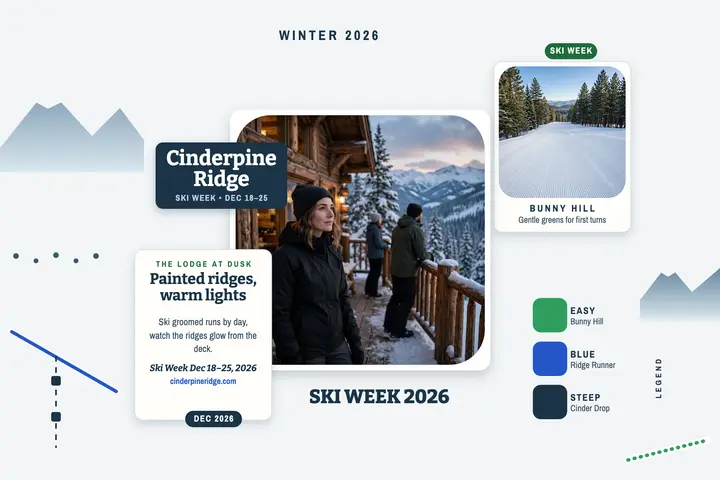 Cinderpine Ridge ski week postcard: ski resort postcard template