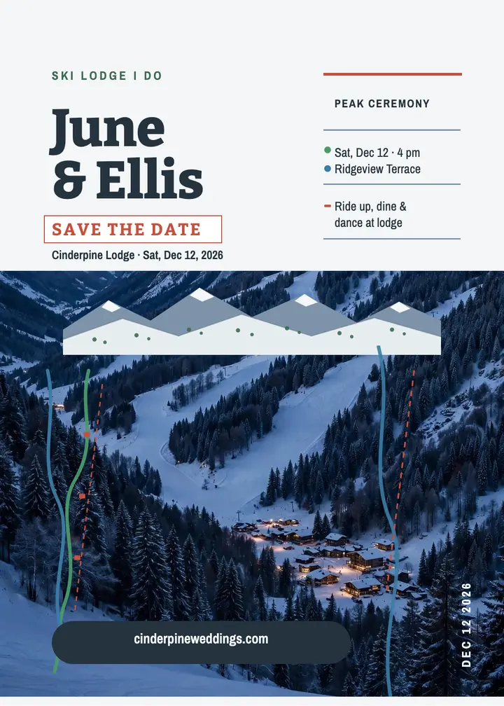 June and Ellis Cinderpine ski save the date: ski resort save the date template