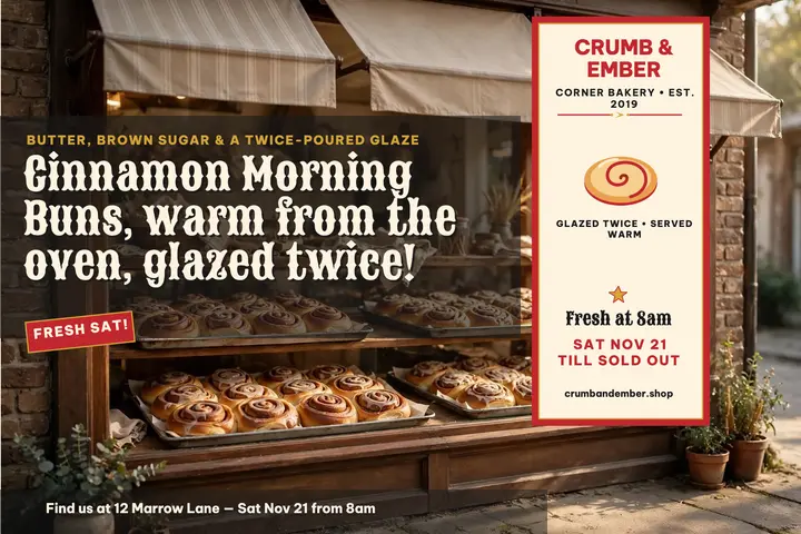 Crumb and Ember cinnamon bun postcard: bakery postcard template