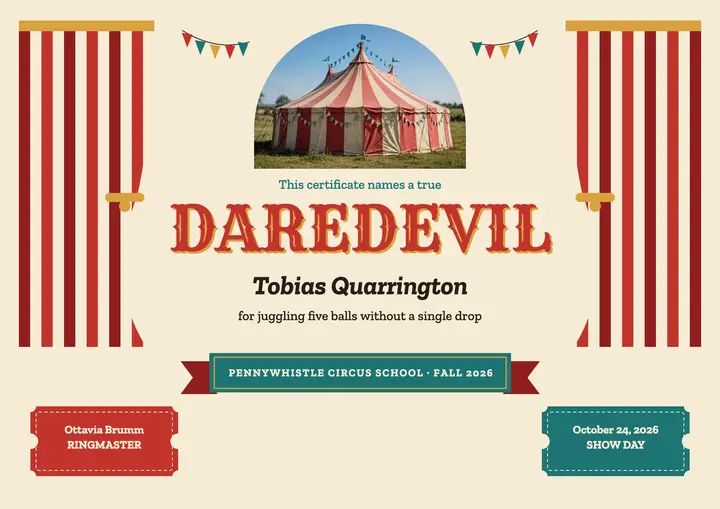 Pennywhistle circus camp certificate template