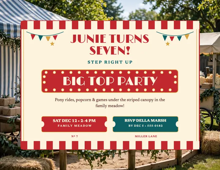 Junie circus seventh birthday flyer: circus birthday flyer template
