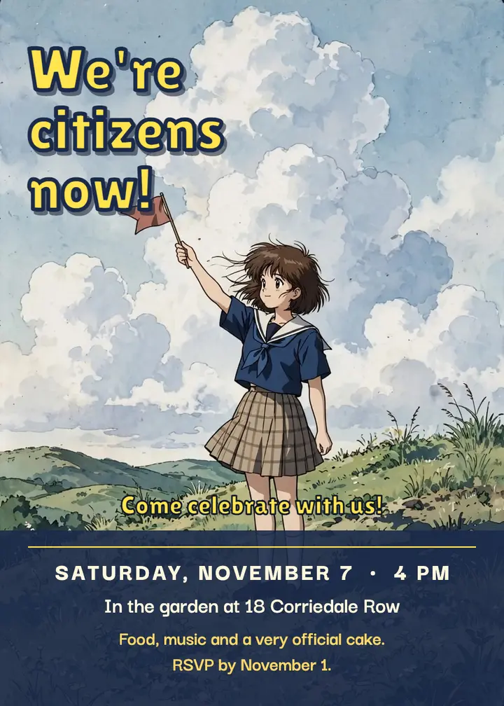 Citizenship celebration party invitation, 90s anime cel: citizenship party invitation template