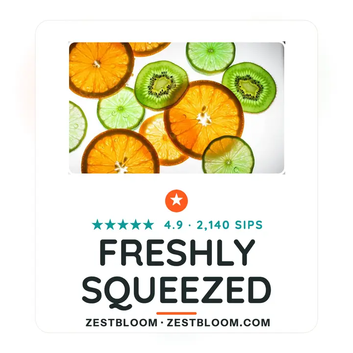 Zestbloom juice review, citrus lightbox: juice bar review card template
