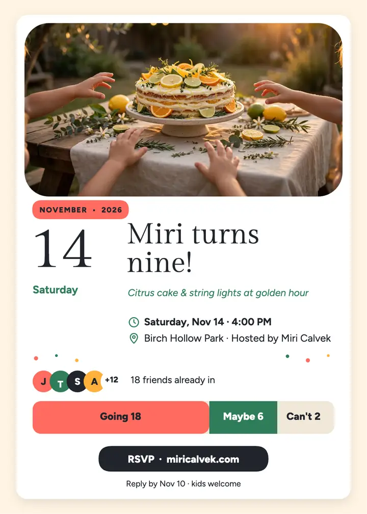 Miri citrus birthday calendar invite template