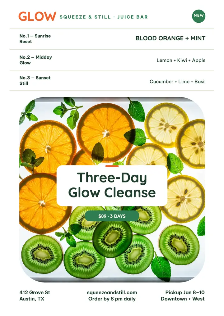 Squeeze and Still glow cleanse flyer template