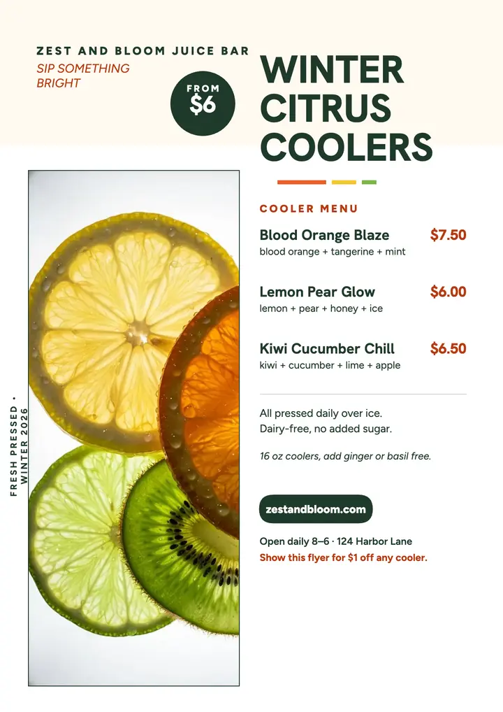 Zest and Bloom winter citrus flyer template