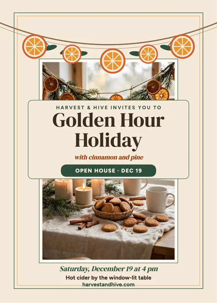 Harvest and Hive golden holiday open house template