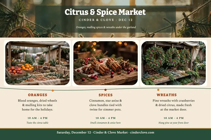 Cinder and Clove citrus market postcard template