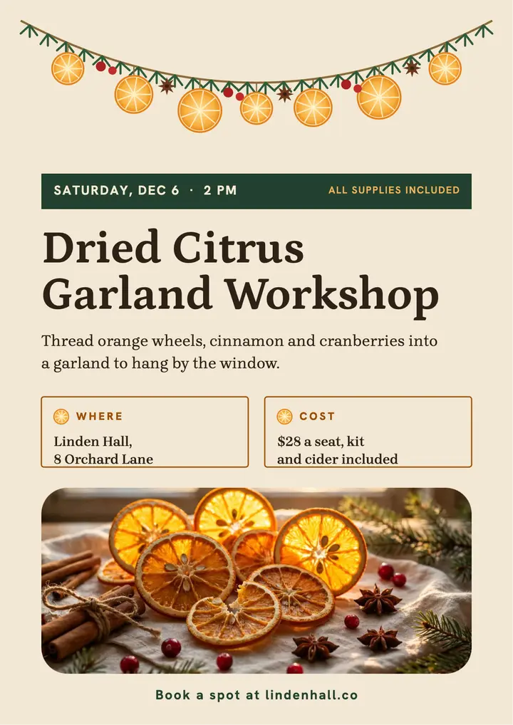 Linden Hall dried citrus garland workshop: garland workshop flyer template