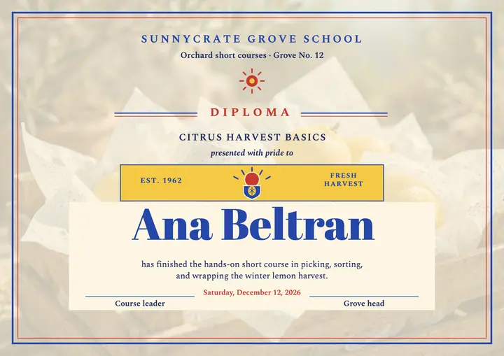 Sunnycrate citrus harvest diploma template