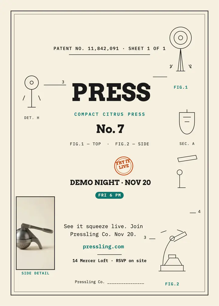 Pressling citrus press patent launch invite: launch invitation template