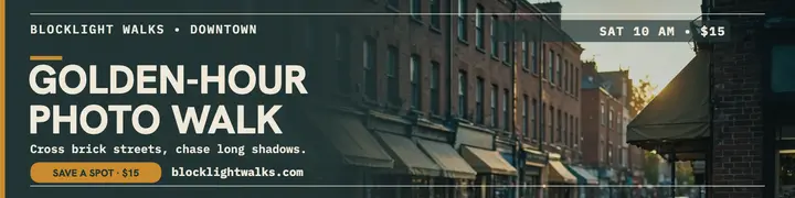 Blocklight Walks golden-hour photo walk banner template