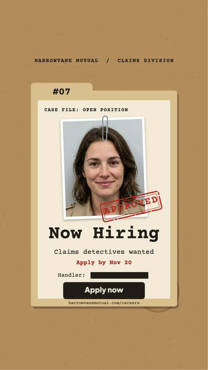Claims detectives wanted hiring story, case file: insurance claims hiring story template