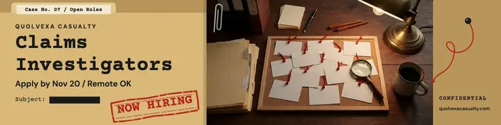 Claims investigator hiring banner, case file template