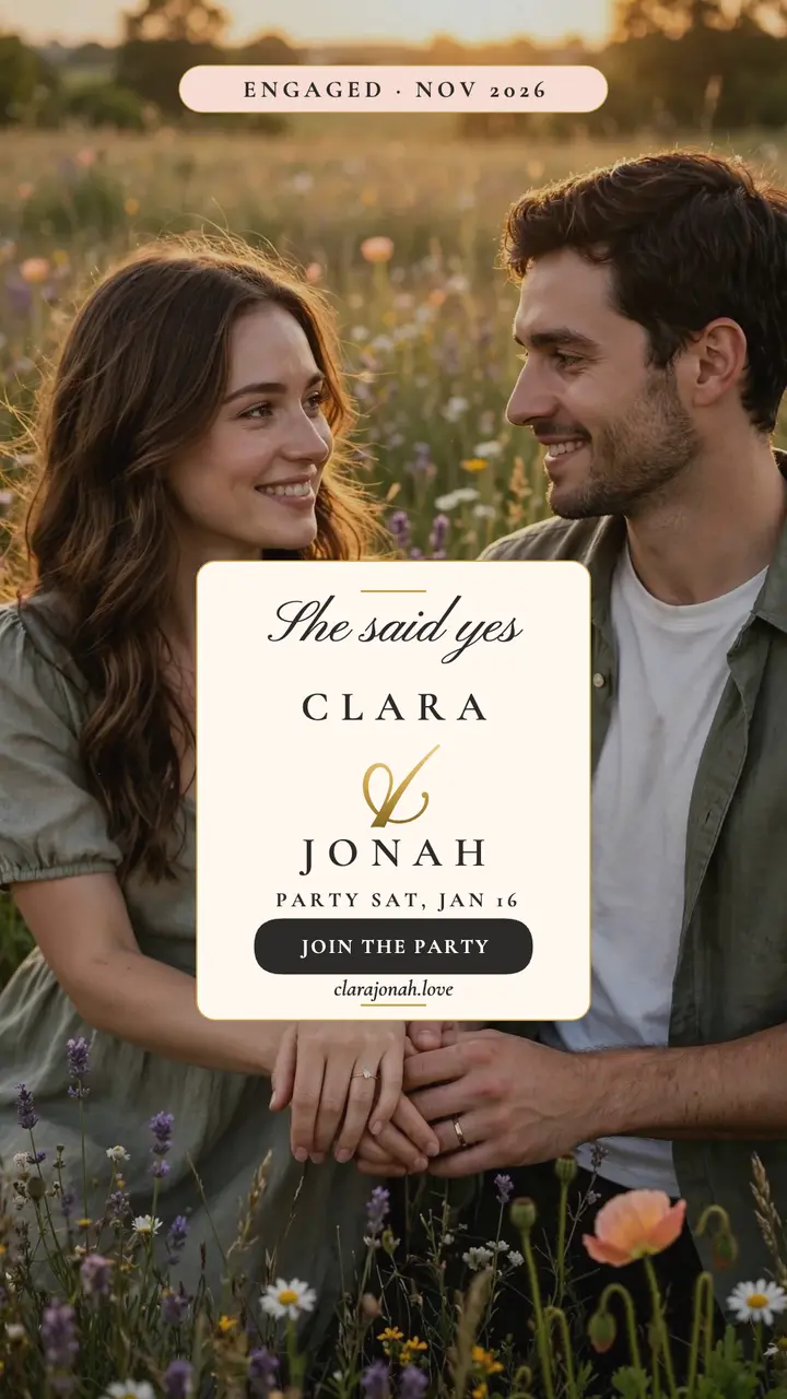 Clara and Jonah engagement story: engagement announcement story template