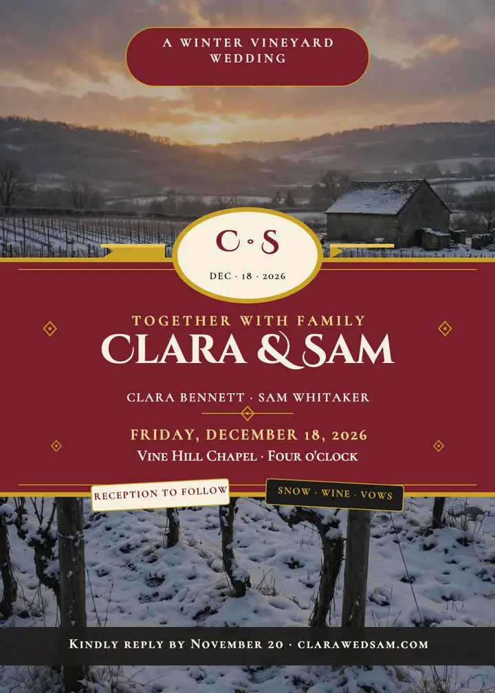 Clara and Sam winter vineyard crest invitation template