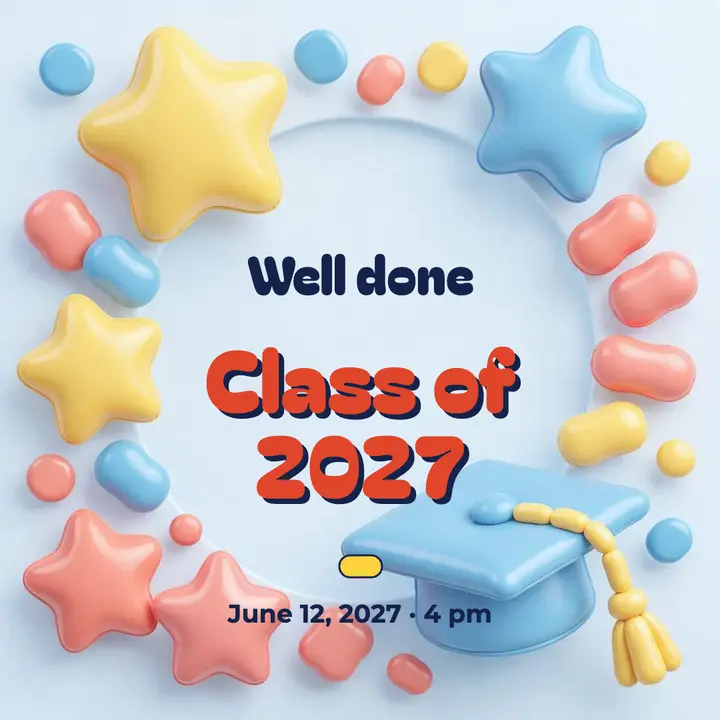 Class of 2027 graduation party invitation, inflated 3D template