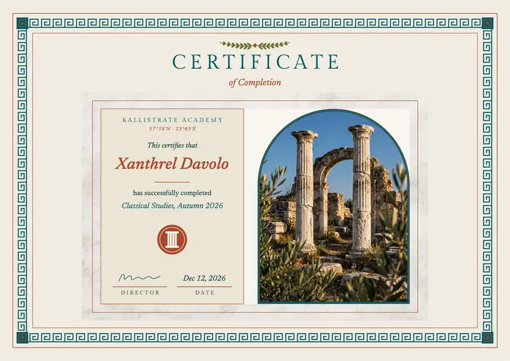 Classical Studies completion certificate, mythcore template