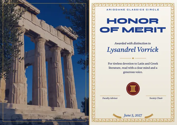 Ariodane classics honor certificate, mythcore template