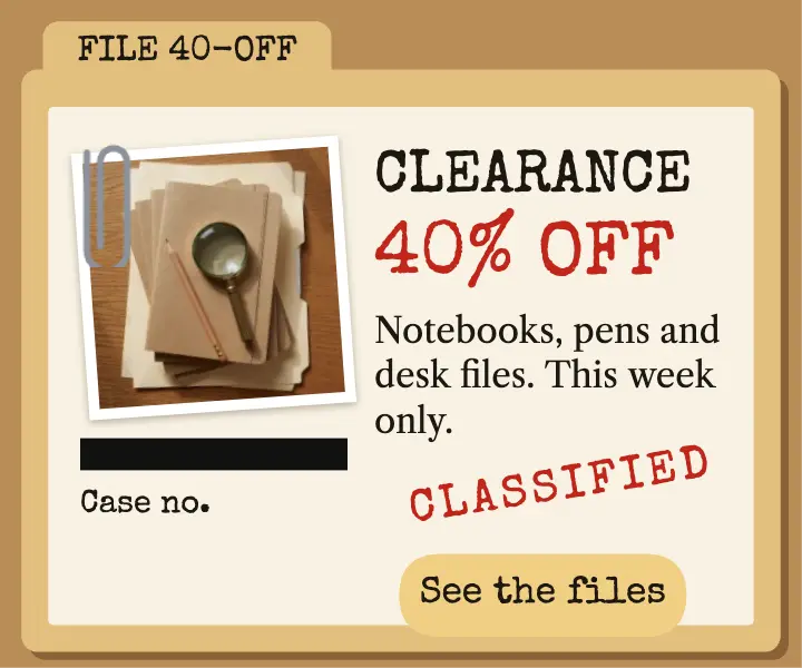 Penwright Stationers classified clearance case file ad: stationery clearance ad template