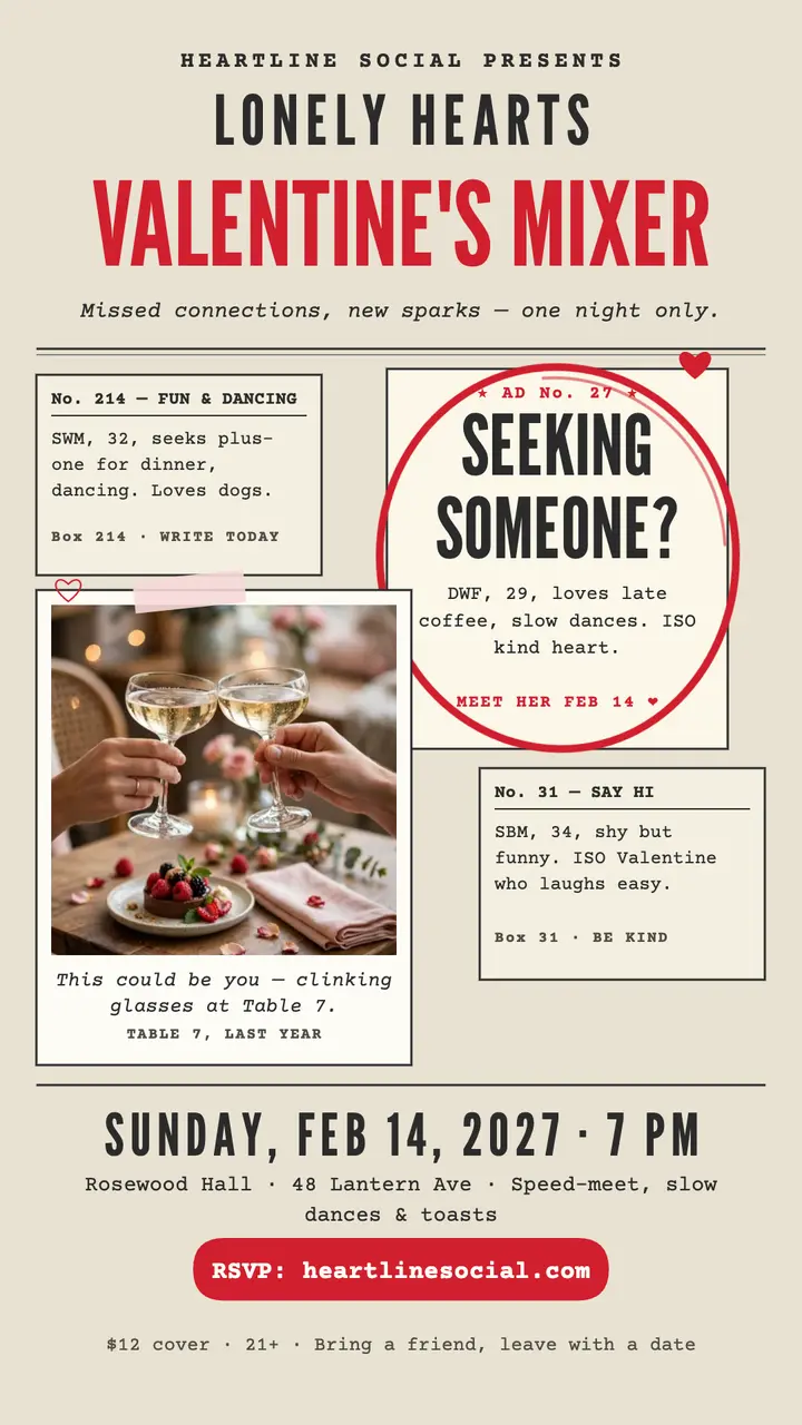 Heartline Social Valentine's mixer classifieds template