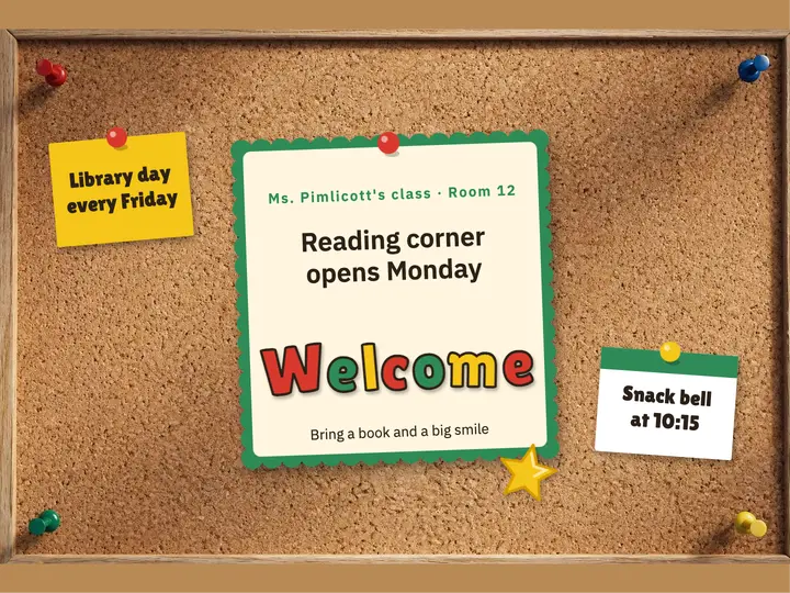 First-week classroom welcome slide, cork bulletin board template