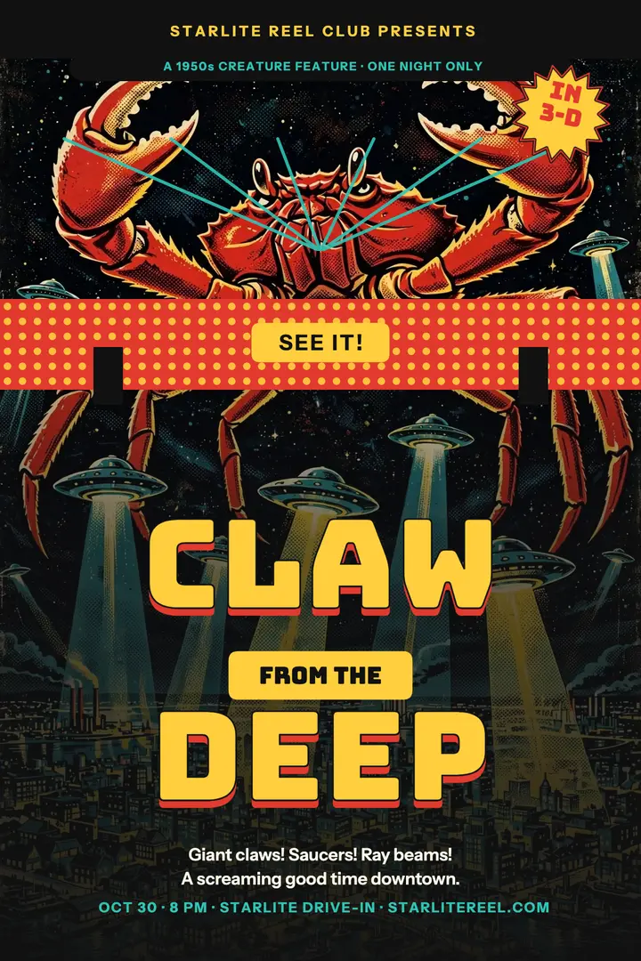 Claw From The Deep B-movie night poster: creature feature poster template