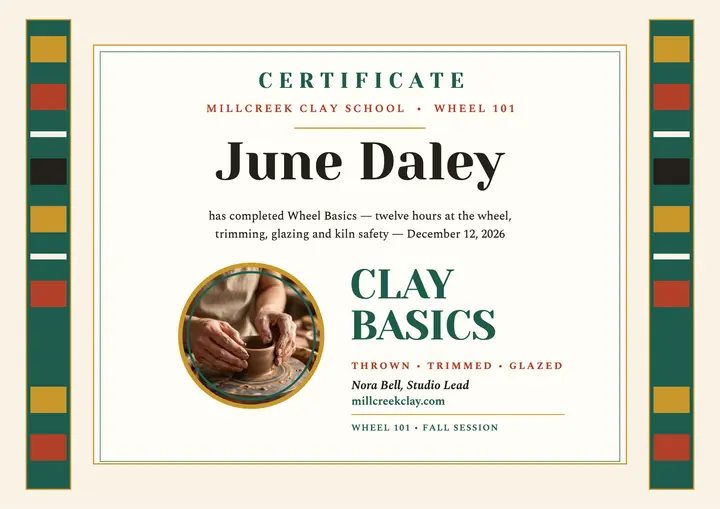 Clay Basics pottery certificate template