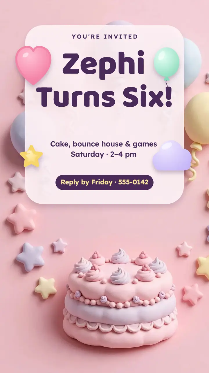Zephi turns six clay birthday invite story template