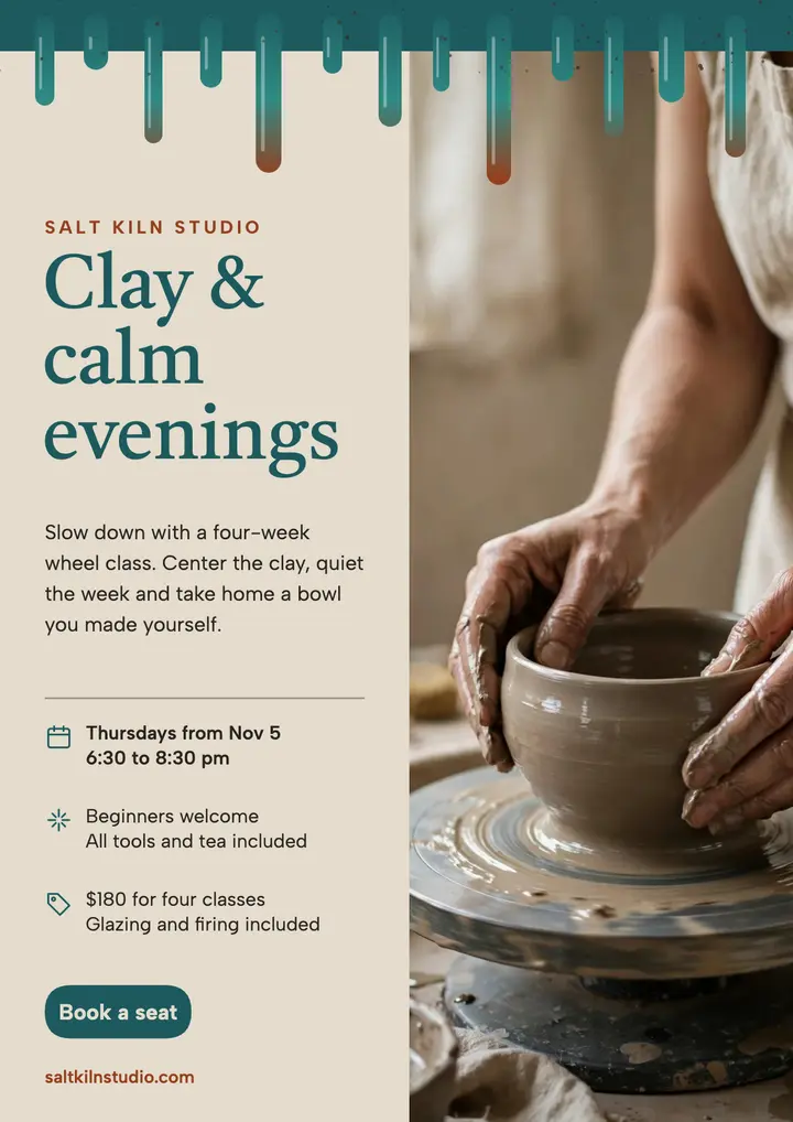 Salt Kiln Studio clay and calm evenings flyer template