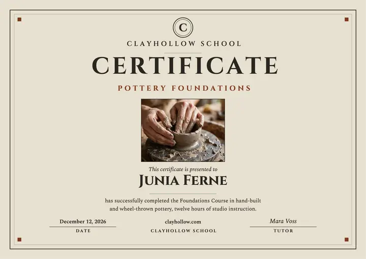 Clayhollow pottery foundations certificate template