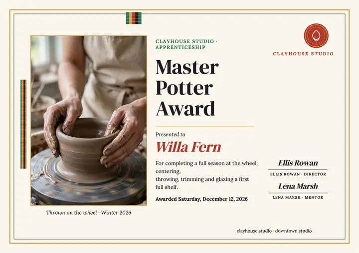 Clayhouse pottery apprentice certificate template