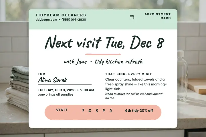 Tidybeam next visit appointment card template
