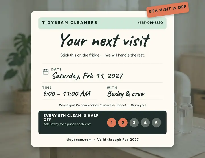 Tidybeam next visit card flyer template