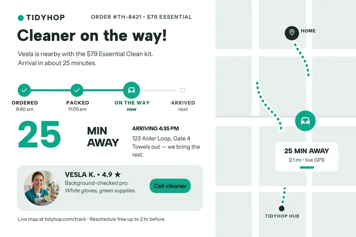 Tidyhop cleaner arrival tracker postcard template