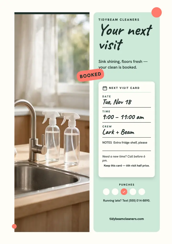 Tidybeam Cleaners next visit card flyer template