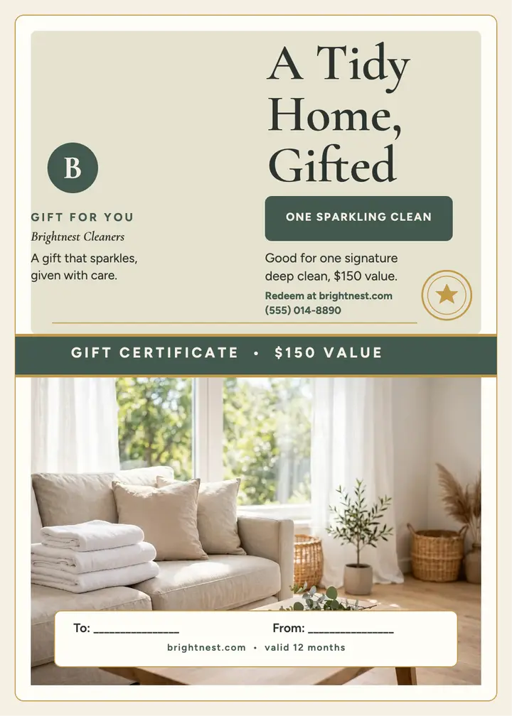 Brightnest cleaning gift certificate template