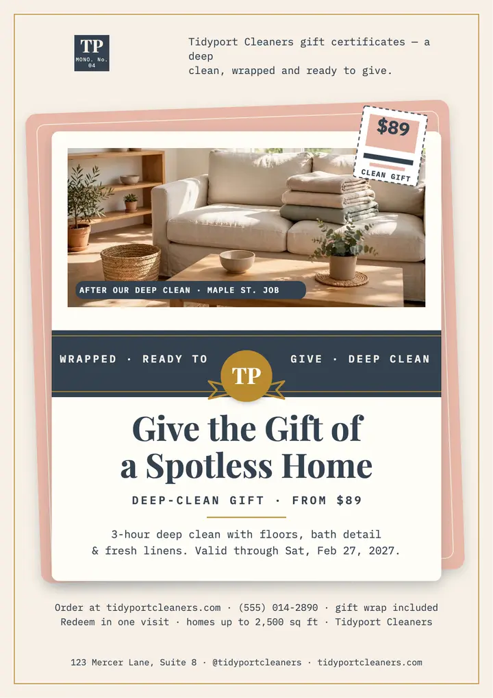 Tidyport deep-clean gift suite flyer: cleaning gift certificate flyer template