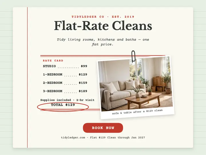 Tidyledger flat-rate cleaning menu slide template