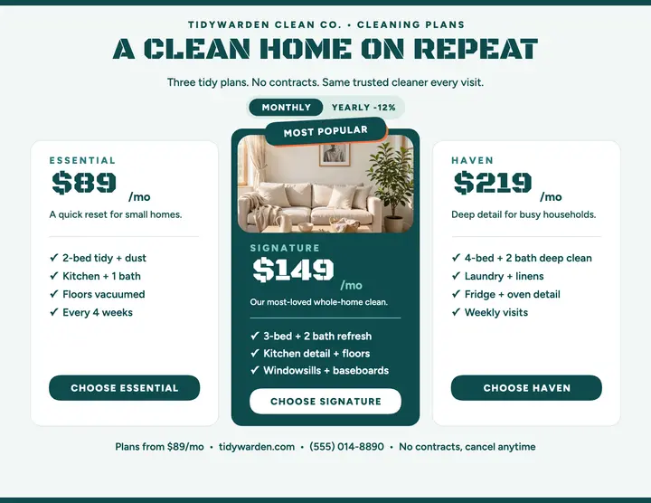 Tidywarden cleaning plans tier flyer template