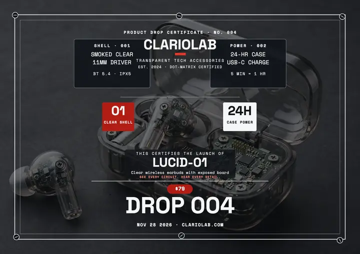 Clariolab clear earbuds drop certificate: earbuds launch certificate template