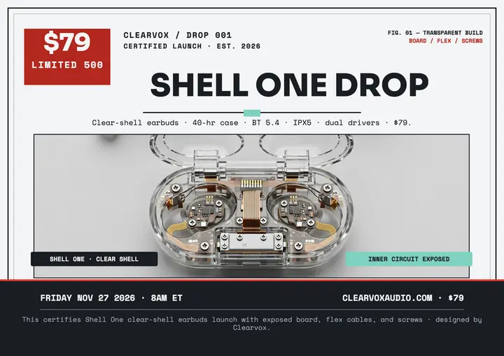 Clearvox Shell One clear earbuds drop certificate: transparent earbuds launch certificate template