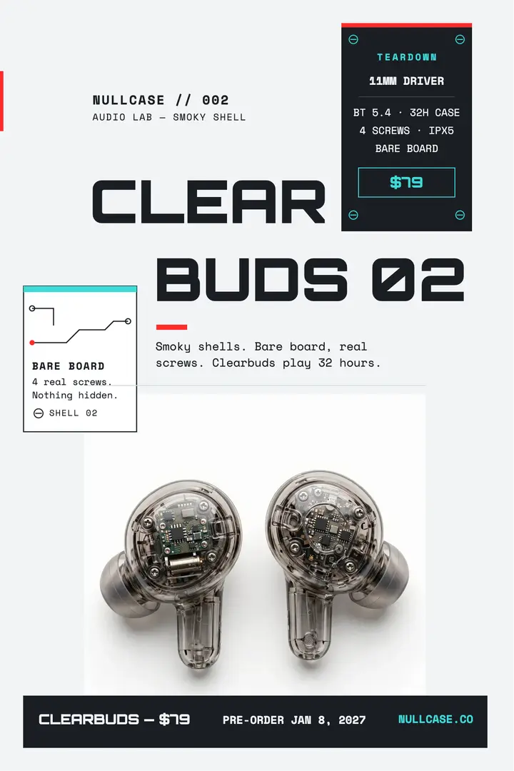 Nullcase Clearbuds clear-shell poster template