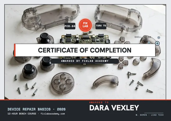 Fixlab Academy repair certificate, clear shell: repair course certificate template