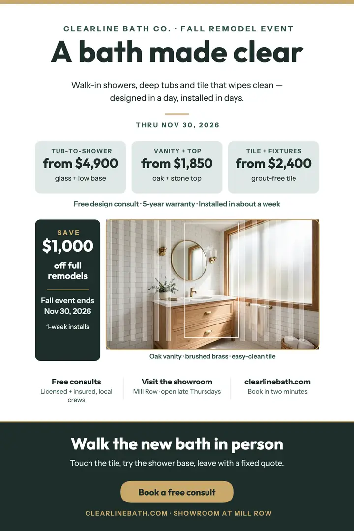 Clearline Bath remodel showroom poster template
