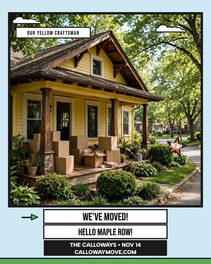 Calloway family moving announcement, yellow house: moving announcement post template